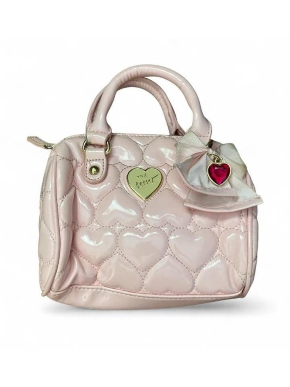 Betsey Johnson XOX Betsey Pink Heart Quilted Satchel Top Handle Strap Bow Charm
